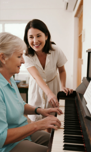 jimeng-2025-08-07-2221-一个30岁的音乐女老师在教一个40岁的女人欢乐的上音乐钢琴课